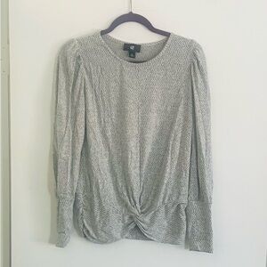 Iz Byer Gray Knit Puff Shoulder Twist Front Long Sleeve Top | Size Medium
